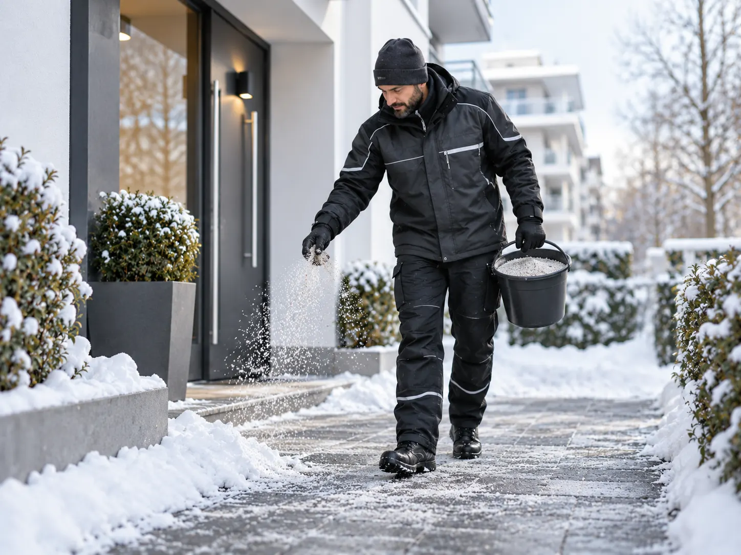 Streudienst auf winterlichen Gehwegen in Berlin
